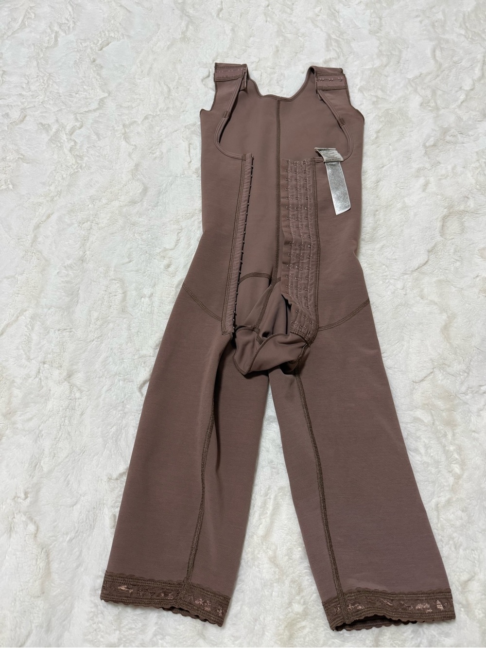 Brown High-Waist Full-Body Shapewear Jumpsuit with Lace Hem